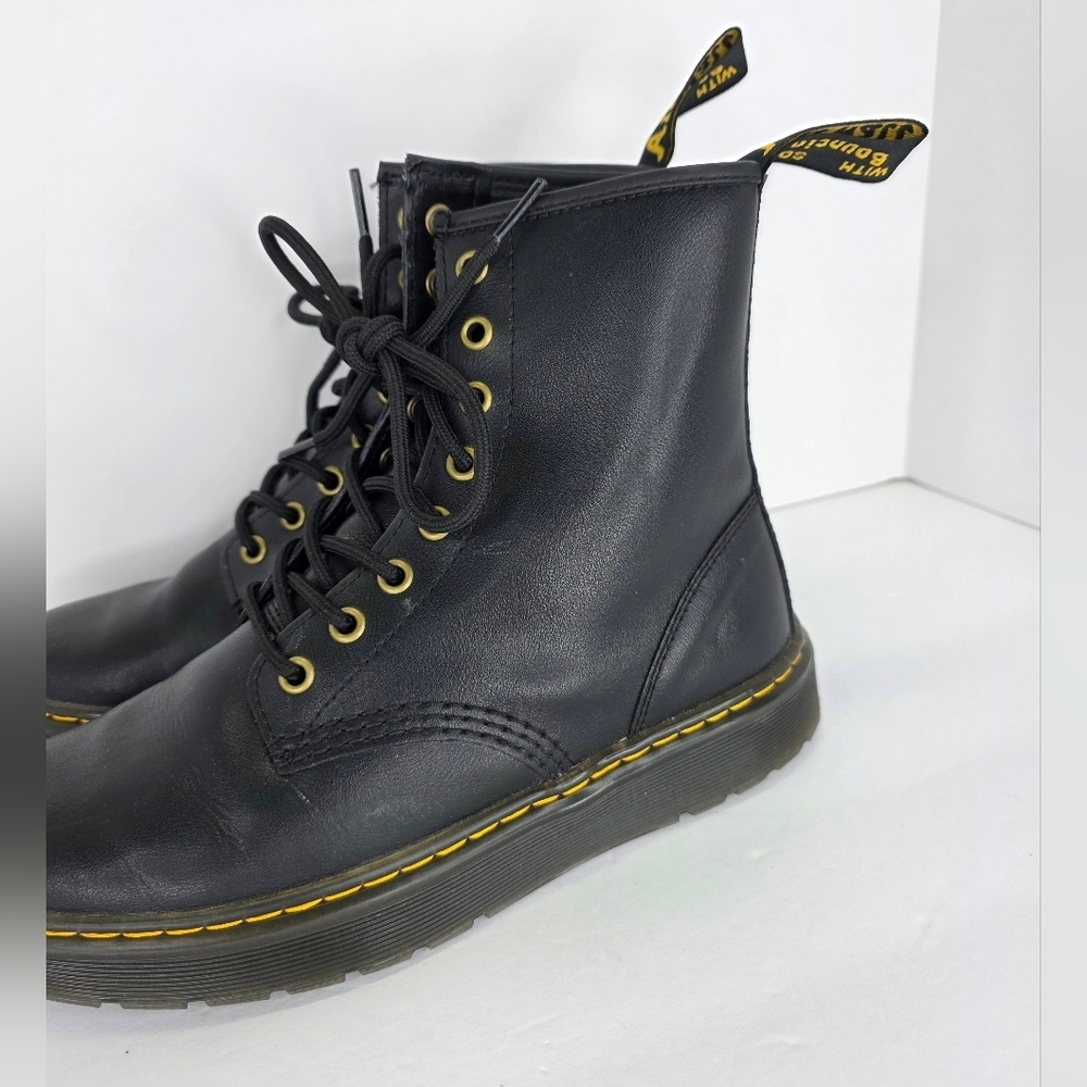 Dr. Martens Zavala Combat Boots Unisex Black Leather Yellow Stitching Size M7 W8 - Picture 4 of 16